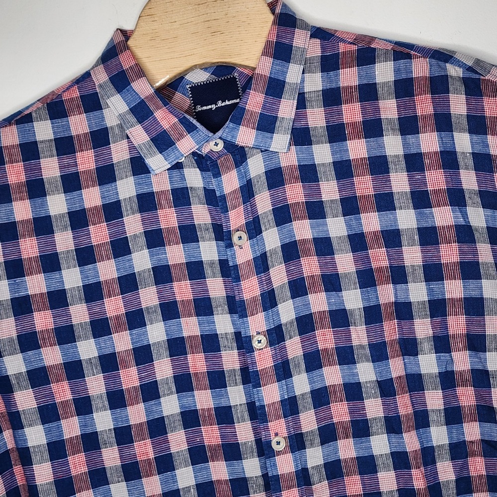 TOMMY BAHAMA Men's Linen Plaid Button-Front Dress Shirt Red/Blue XXL READ